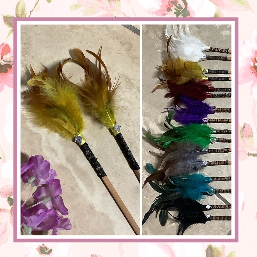 🌸 2PC HAIR PIECE FEATHER BLING LACE CHOPSTICKS BOHO CHIC BOHEMIAN TRIBAL EARTH